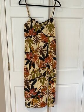 Tropical Midi Spaghetti-Strap Dress in Cream and Olive